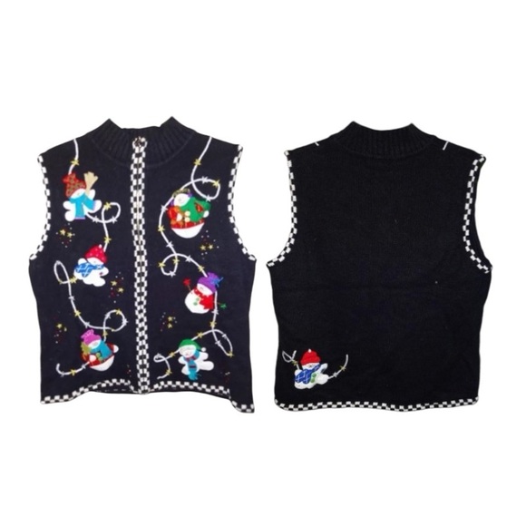 Ugly Christmas Sweater Winner Vest Large Checkerboard Trim Beads Appliqués - Picture 3 of 9